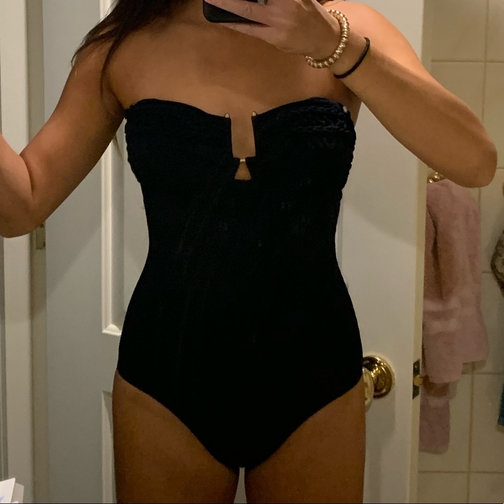 Black strapless one piece bathing suit